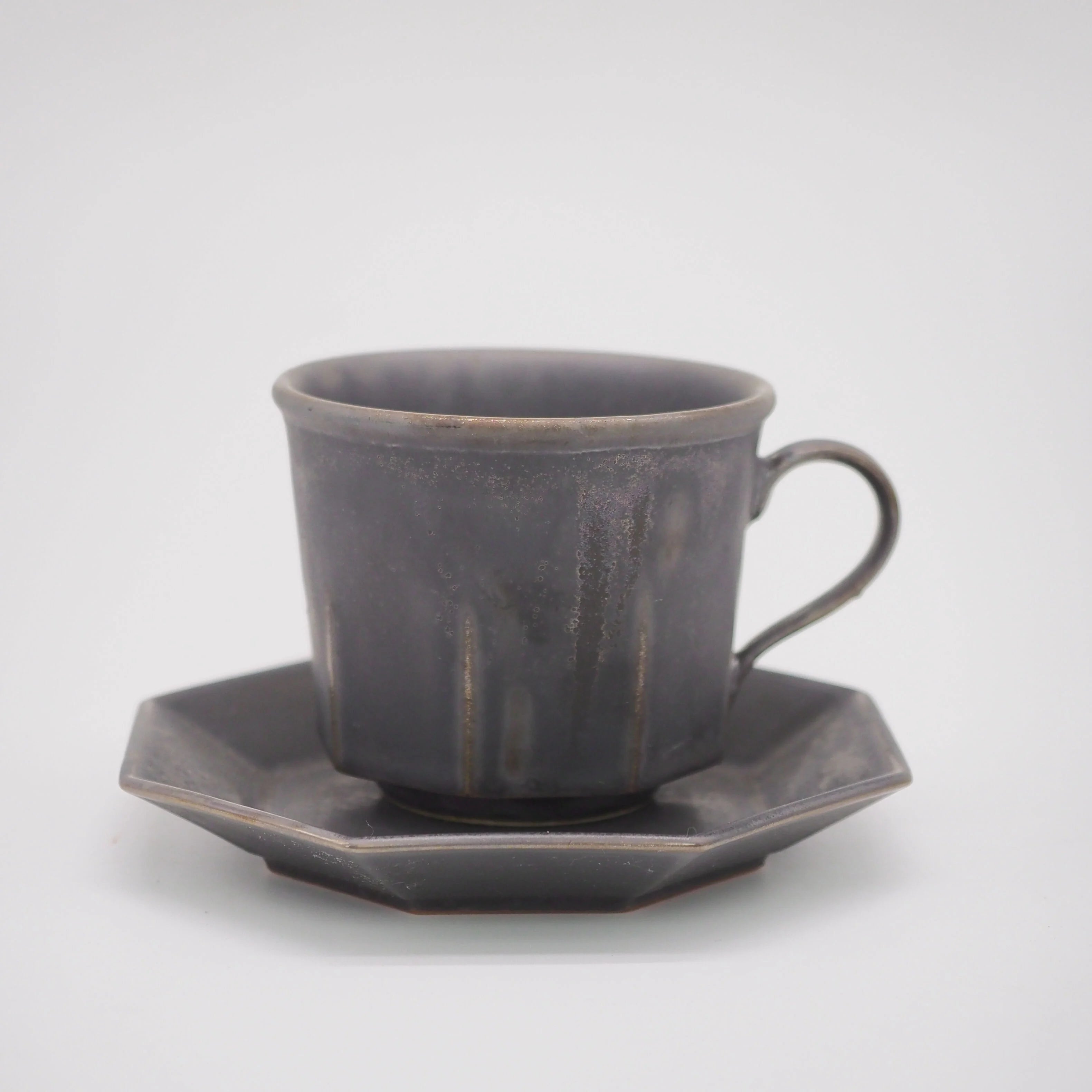 Ancient pottery octagonal cup&soucer brass