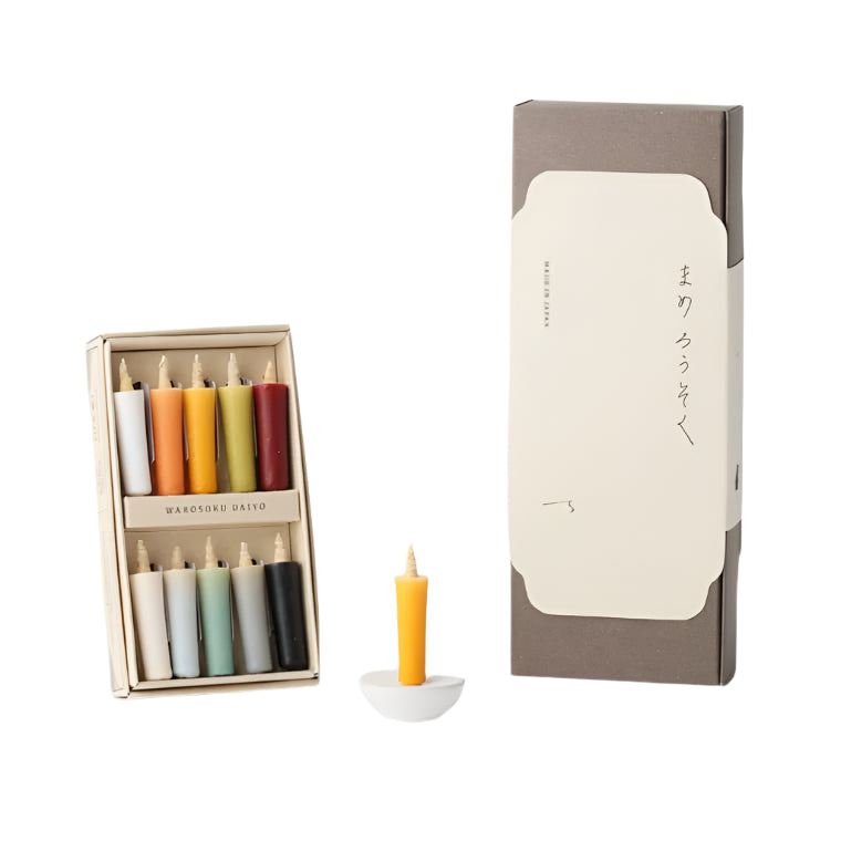 Colorful Rice Wax Candle Earth Colors Gift Set with one ceramic circular candle holder white