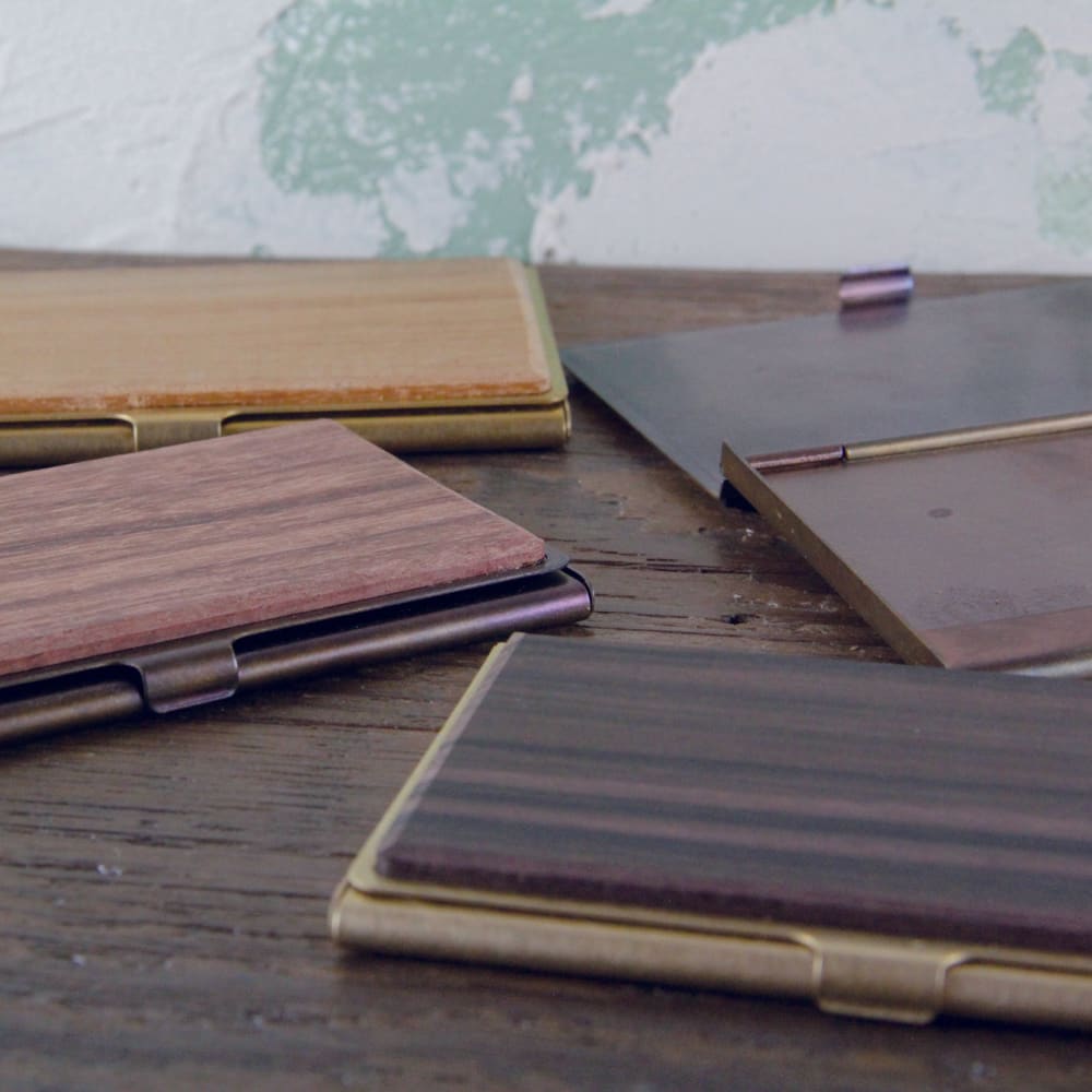 BRASS & WOOD CARDCASE RUST WITH BOX IN GRANADILLO WOOD -